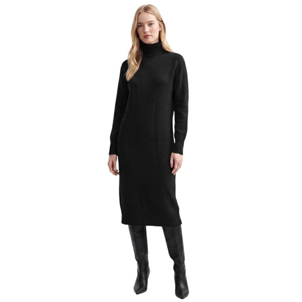 Women's Turtleneck Ribbed Knit Long Sleeve Loose Fit Maxi Dress Black